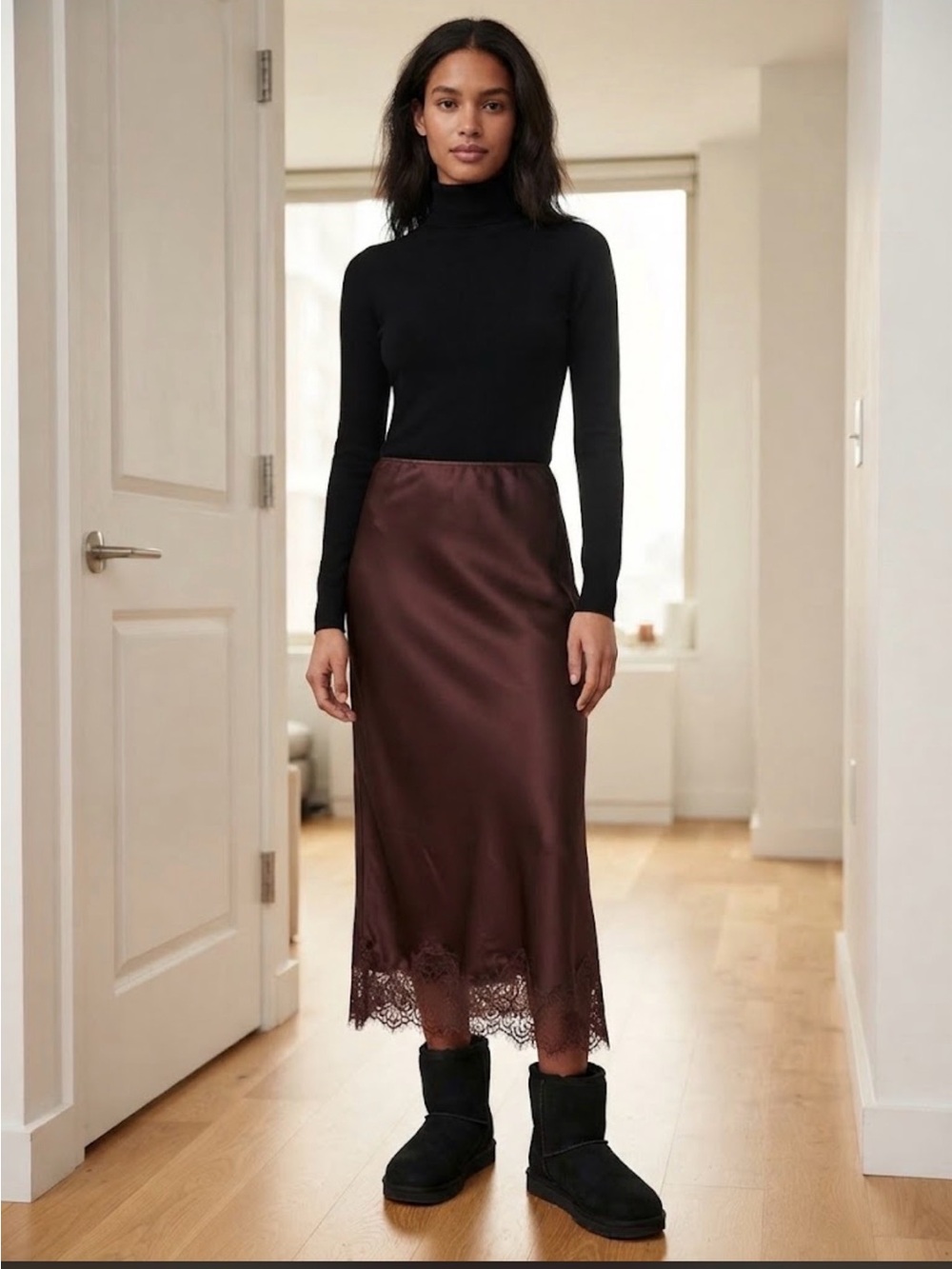 Women's Satin Lace-Hem Midi Skirt in Burgundy
